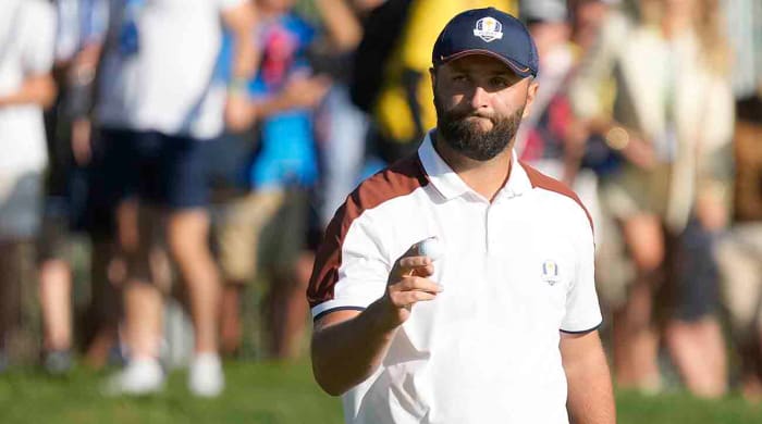 Europe's Jon Rahm celebrates on the 5th green during his morning foursomes match at the 2023 Ryder Cup.
